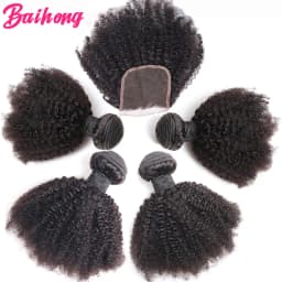 Mongolian Afro Kinky Human Hair Bundles With Closure African Natural Fluffy Hair Extensions 4x4 Lace Closure 4B 4C Tissage Afro