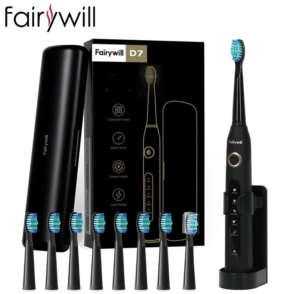 Fairywill FW-507 Sonic Electric Toothbrush 5 Modes USB Charger Tooth Brushes Replacement Timer Sonic Toothbrush 8 Brush Heads