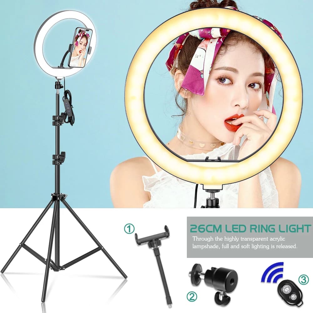 10 inch Selfie Desktop Ring Light LED Lamp Tripod Stand Phone Holder for Live Stream Makeup YouTube Video Photography Studio