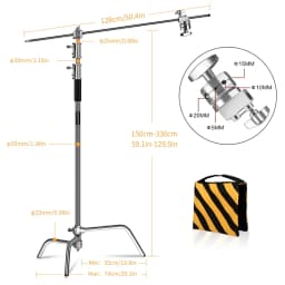 C-Stand Photography Stand Stainless Steel with Hold Arm and Grip Head Upgraded Max Height 260cm with One Adjustable Magical Leg