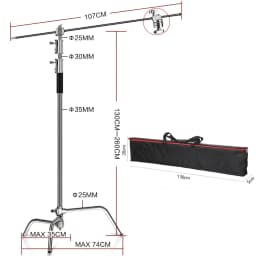 C-Stand Photography Stand Stainless Steel with Hold Arm and Grip Head Upgraded Max Height 260cm with One Adjustable Magical Leg