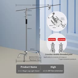 C-Stand Photography Stand Stainless Steel with Hold Arm and Grip Head Upgraded Max Height 260cm with One Adjustable Magical Leg