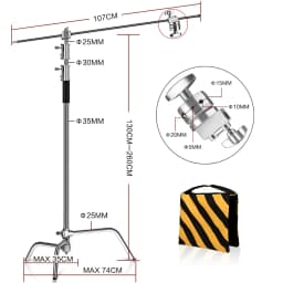 C-Stand Photography Stand Stainless Steel with Hold Arm and Grip Head Upgraded Max Height 260cm with One Adjustable Magical Leg