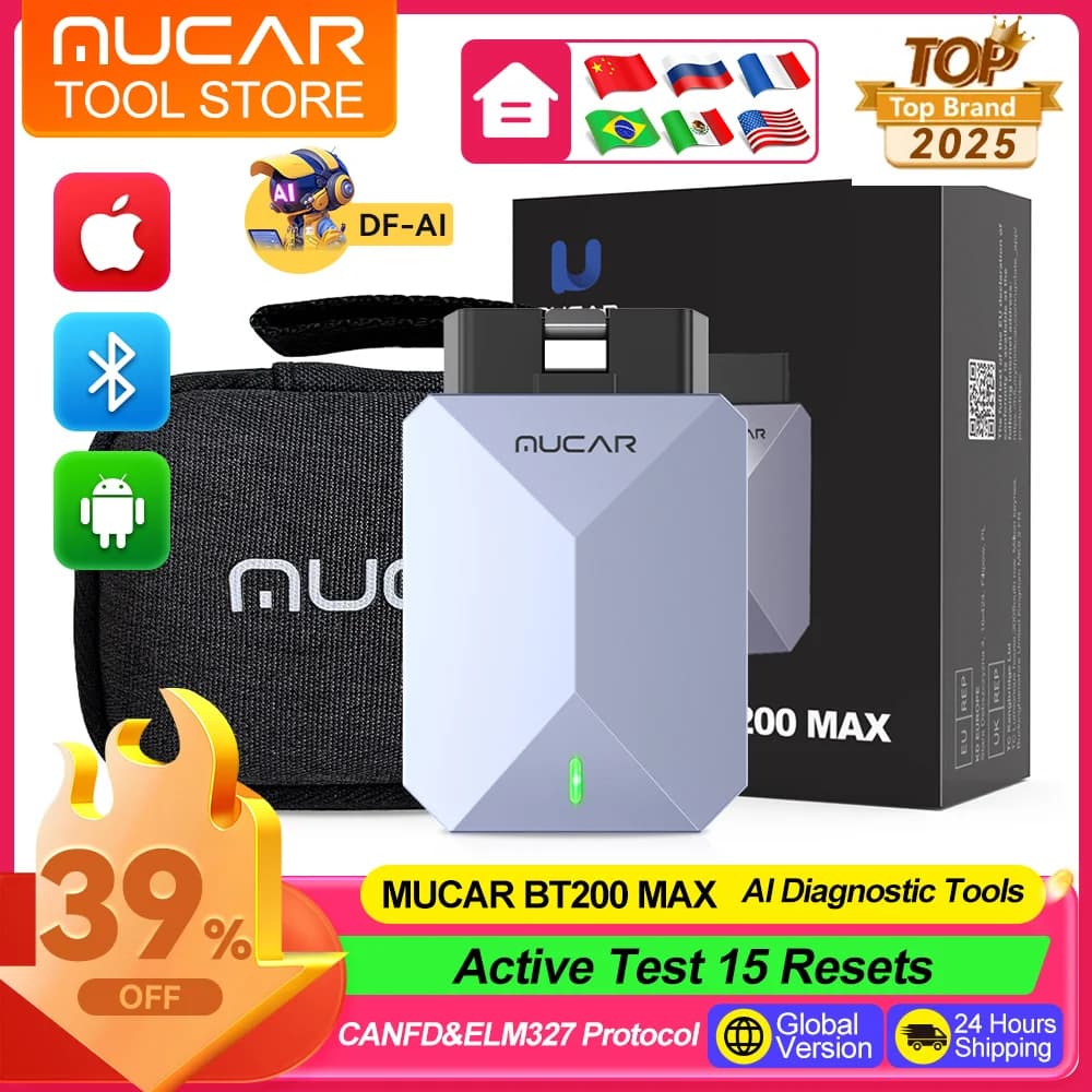 MUCAR BT200 MAX OBD2 Scanner Support ELM327 CANFD Protocol Full System Diagnostic Tools 15 Reset Lifetime Free Update Scan Tool