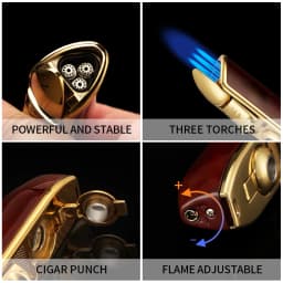 Luxury Lighter Butane Cigar Lighter Windproof Metal 3 Jet Lighters Smoking Igniter Cigar Punch Cutter