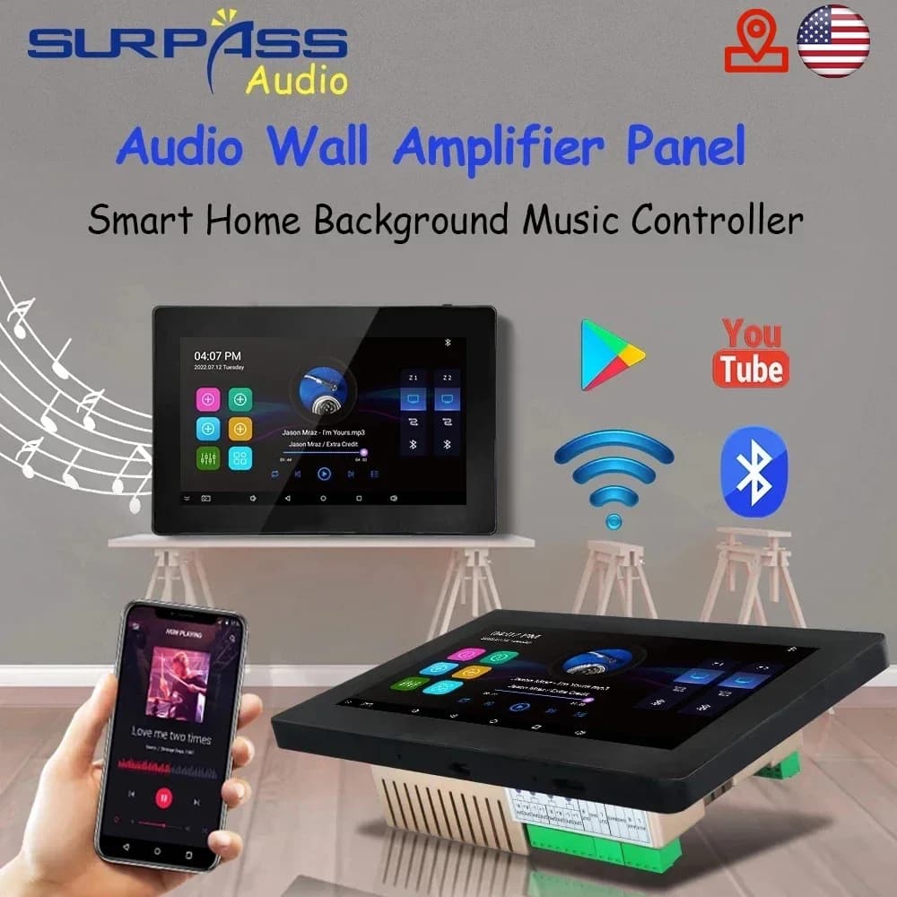 Android 5.1 System 7 Inch WiFi BT Wall Amplifier Two Zone APP Control Remote Control with Champagne Gold Back Cover Music Panel