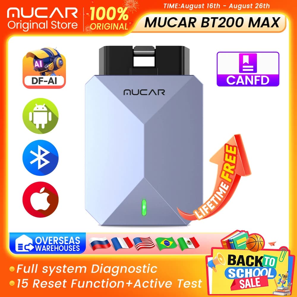 MUCAR BT200 MAX Auto Full System AI Diagnostic Tool 15 Reset Scanner Tool Code Reader Bi-directional CANFD Lifetime Free Update