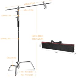 C-Stand Photography Stand Stainless Steel with Hold Arm and Grip Head Upgraded Max Height 260cm with One Adjustable Magical Leg