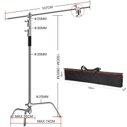 C-Stand Photography Stand Stainless Steel with Hold Arm and Grip Head Upgraded Max Height 260cm with One Adjustable Magical Leg