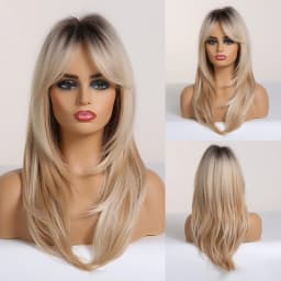 ALAN EATON Synthetic Wigs Long Straight Layered Hairstyle Ombre Black Brown Blonde Gray Ash Full Wigs with Bangs for Black Women
