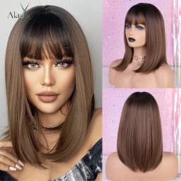 ALAN EATON Synthetic Wigs Long Straight Layered Hairstyle Ombre Black Brown Blonde Gray Ash Full Wigs with Bangs for Black Women
