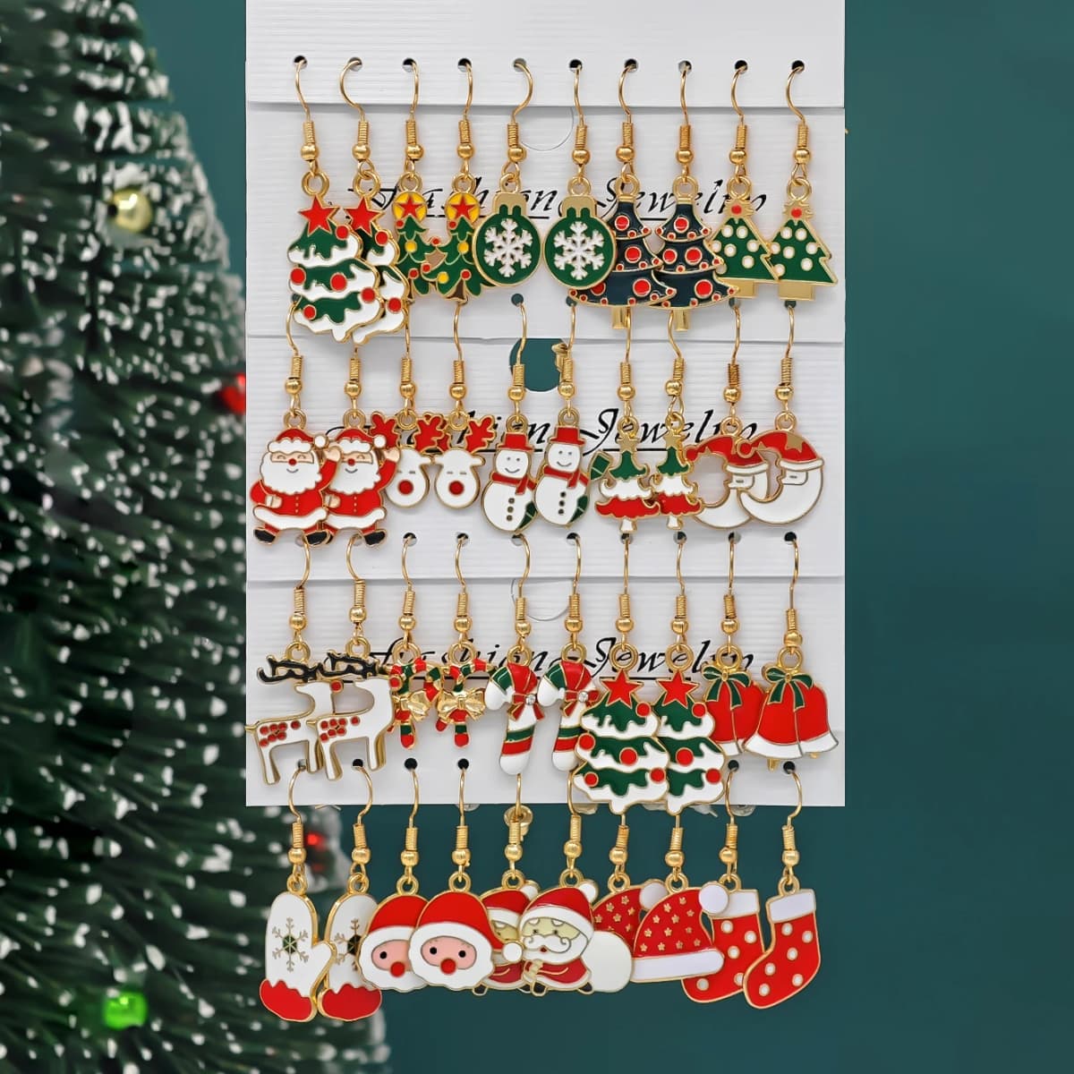 10/40pcs New Christmas Set Cross Border Cartoon Dripping Oil Elk Santa Claus Christmas Tree Earrings for Women