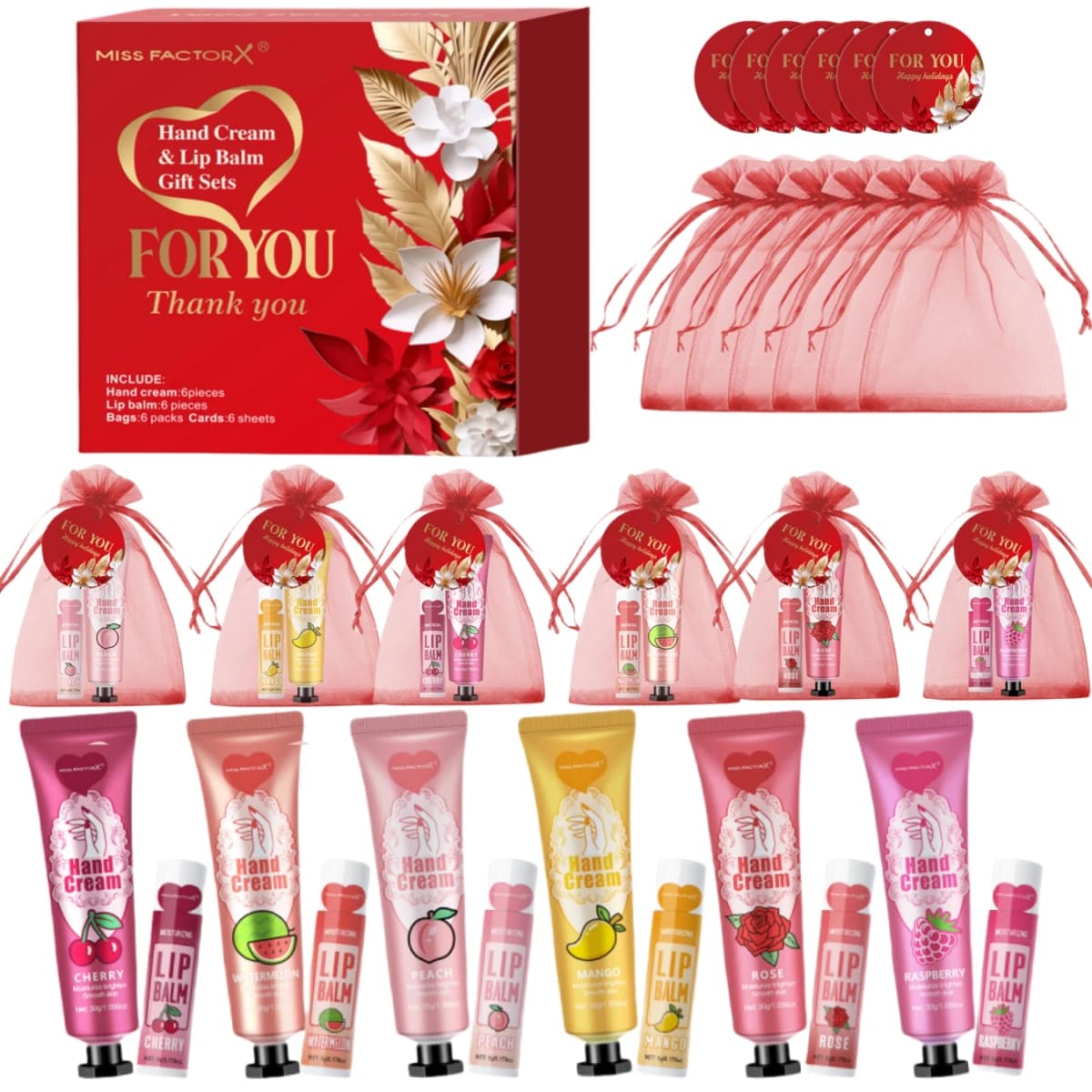 24PCS/Box Bulk Lip Balm Bulk Hand Cream Bulk Red Thank You Card and Red Gauze Bag Newlywed Thank You Gifts to Guests Christmas