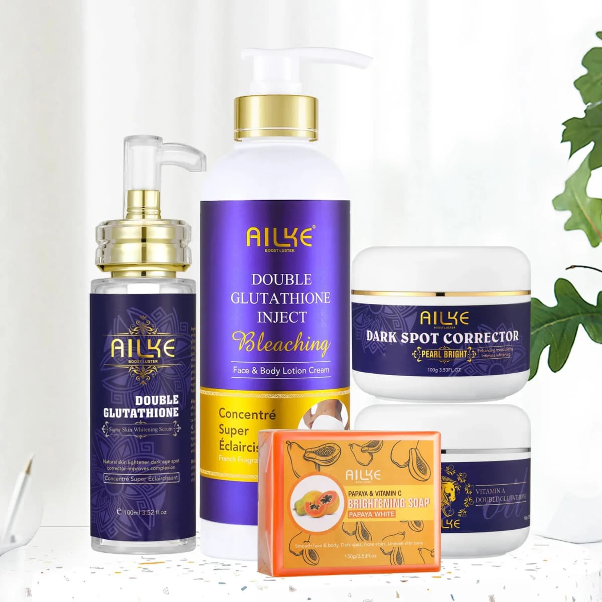 AILKE Double Glutathione Whitening Skin Care Set, Lightening, Remove Dark Spots, Skin Radiant, Moisturizing, Hydrating, Smooth