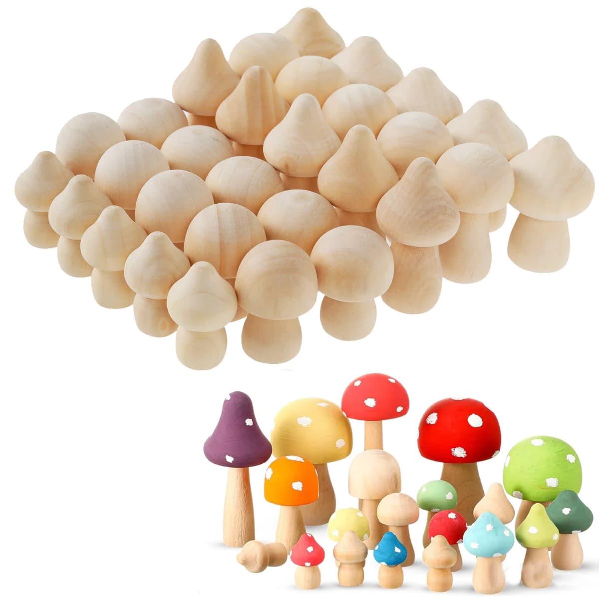 30pcs Unfinished Wooden Mushroom or 20pcs Mini Doll for Arts and Crafts DIY Projects Ornaments Kids Birthday Christmas Gifts