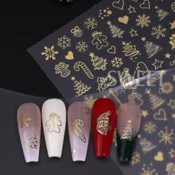 2pcs Gold Silver Christmas 3D Nail Stickers Reflective Glitter Xmas Tree Gingerbread Snowflakes Adhesive Decals Winter Manicure