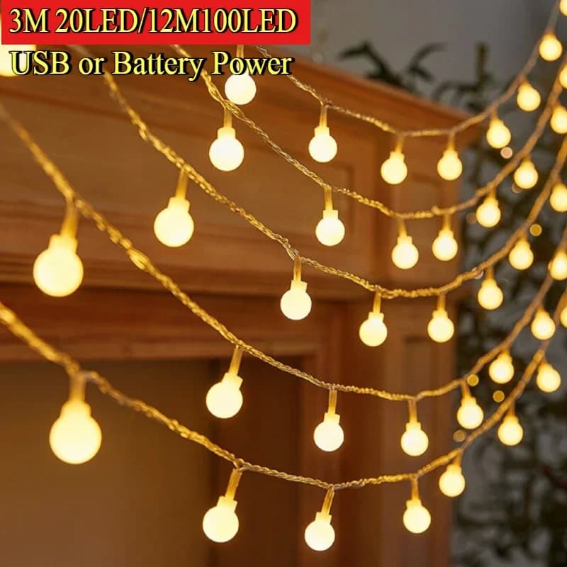 3-12M Ball Fairy Lights Globe String Lights USB/Battery Operated Garland for Garden Christmas Bedroom Wedding Camping Tent Decor