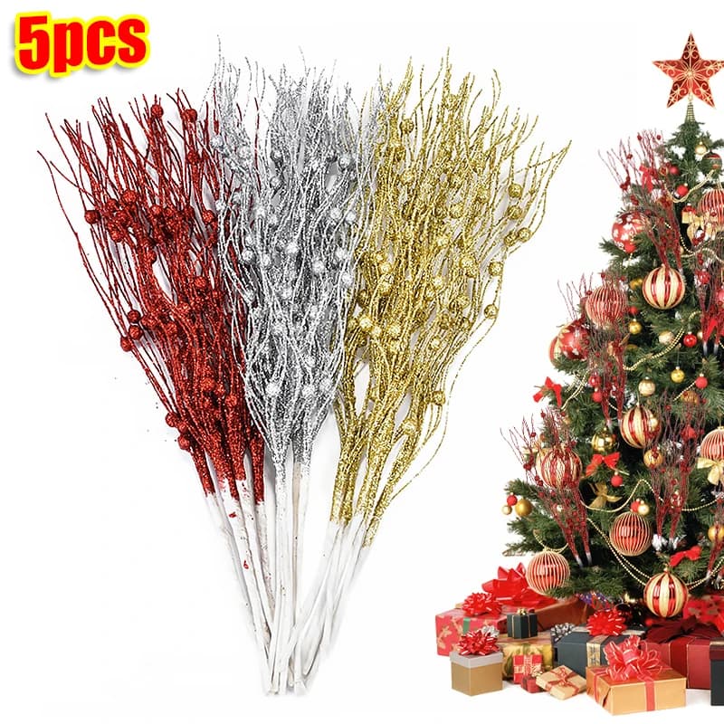 1/3/5Pcs Christmas Artificial Glitter Berry Stem Branches Xmas Tree Ornament New Year Home Decoration DIY Vase Filler 2025 Party