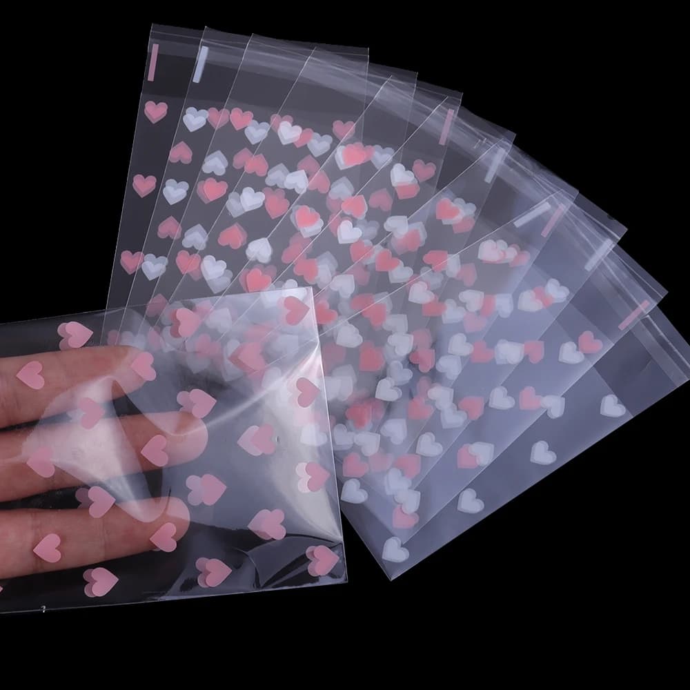 50Pcs/Lot Plastic Transparent Heart Candy Self Adhesive Bags Jewelry Storage For Party Pouch Christmas Gift Packaging Bags