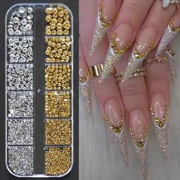 12Grids Gold/Sliver Half Round Beads Nail Art Charms 6-Sizes Flatback Caviar Bead Christmas Diamond DIY Sparkly Manicure Gems #*