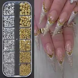 12Grids Gold/Sliver Half Round Beads Nail Art Charms 6-Sizes Flatback Caviar Bead Christmas Diamond DIY Sparkly Manicure Gems #*