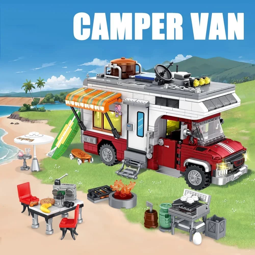 Building Block Canvas Cart Open Door Pickup Truck with Camping equipment Creative Assembled Toys Christmas and Birthday Gifts