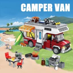 Building Block Canvas Cart Open Door Pickup Truck with Camping equipment Creative Assembled Toys Christmas and Birthday Gifts