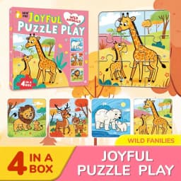 4-in-1 Wild Animals Jigsaw Puzzles for Kids Engaging & Educational Toys Christmas Birthday Gift for Boys Girls Family Activity