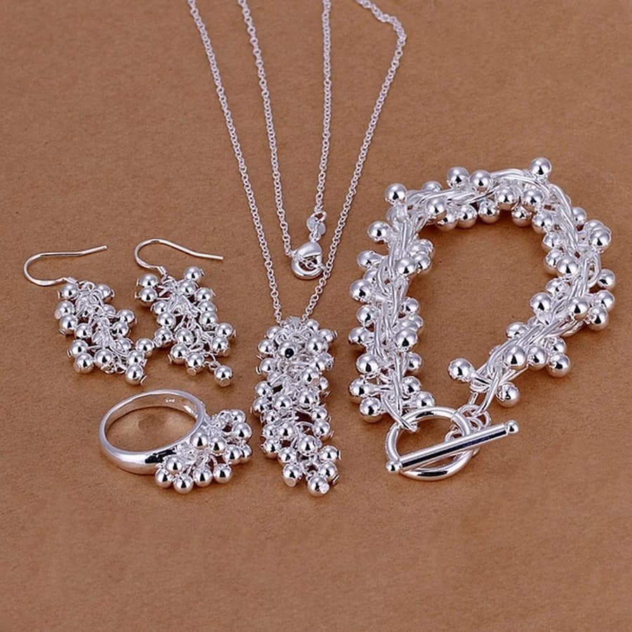 925 Sterling Silver Hot Christmas gift retro creative solid bead grape necklace TO bracelet Drop Earrings ring jewelry sets