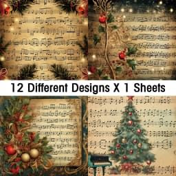 Vintage Christmas Sheet Music Scrapbook Paper Set,12sheets Xmas Decorative Decoupage Paper for DIY Crafts,Gift Wrap,Scrapbooking