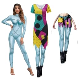 Cosplay Movie Nightmare Christmas Sally Dress Leggings Set Zentai Bodysuits Women Scary Sally Disguise Halloween Party Costume