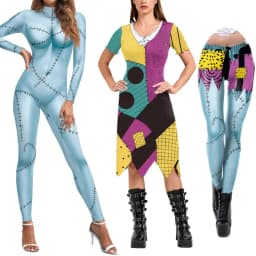 Cosplay Movie Nightmare Christmas Sally Dress Leggings Set Zentai Bodysuits Women Scary Sally Disguise Halloween Party Costume