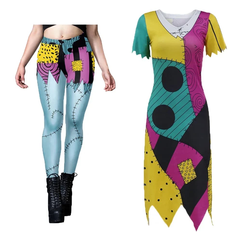 Cosplay Movie Nightmare Christmas Sally Dress Leggings Set Zentai Bodysuits Women Scary Sally Disguise Halloween Party Costume