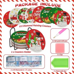 A Set of 8PCS Christmas Element Combination Pattern Diamond Painting DIY Coaster Set with Holder - Suitable for Both Adults and