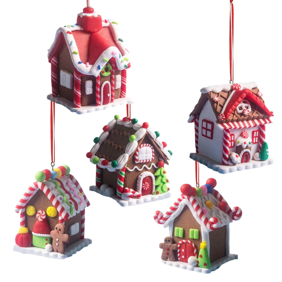 5pcs House Ornaments Holiday Christmas Tree Ornament Set Gingerbread Christmas Decor with Rope Gingerbread House Decor