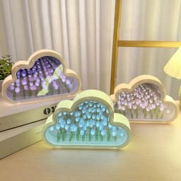 DIY Cloud Mirror Tulip Lamp Night Light Girl Bedroom Ornaments Photo Frame Handmade Glass Bedside Sleep Light Christmas Gifts 
