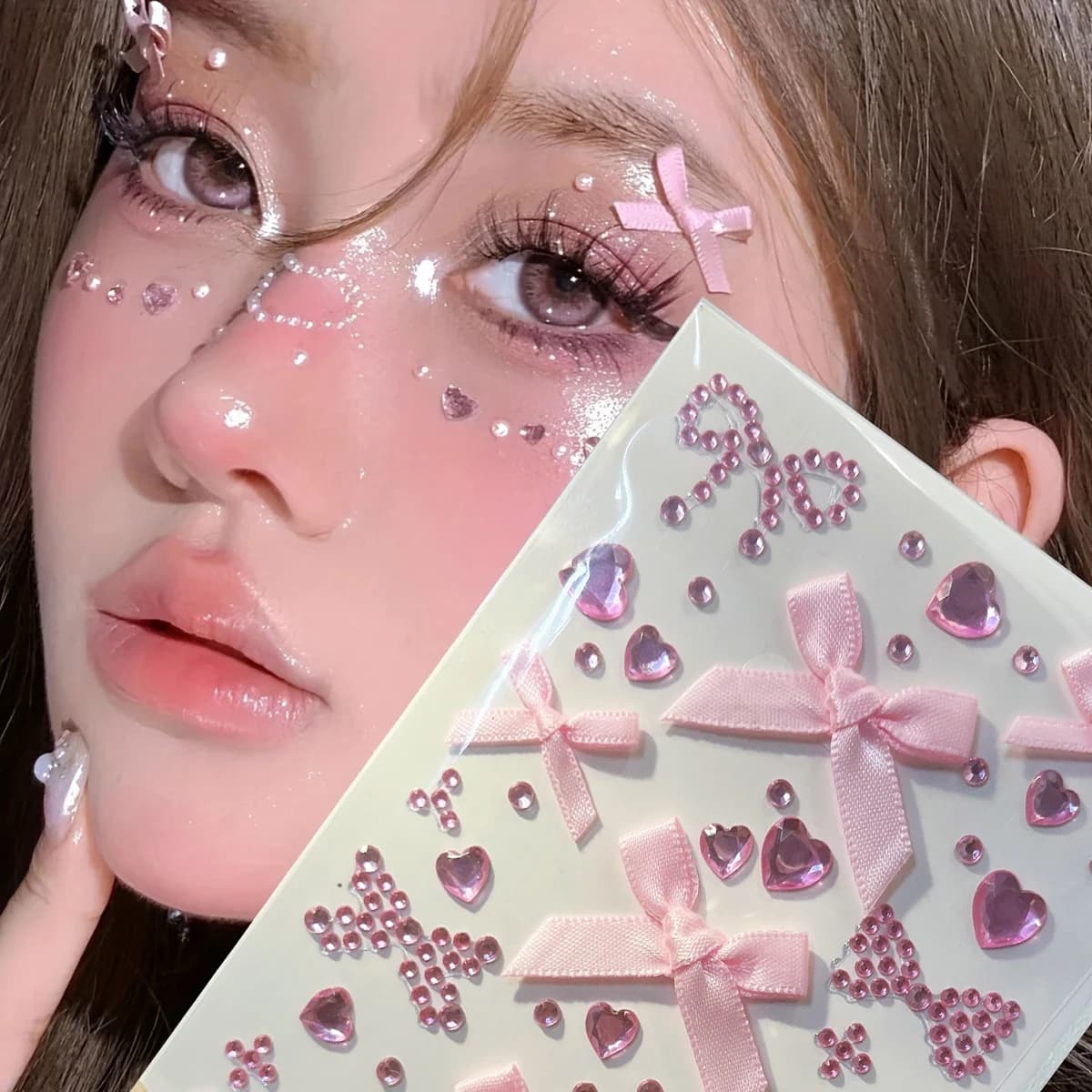 1pc Pink & Red Bow Glittery Stereo Gem Stickers Makeup Christmas Holiday Party Y2K Music Festival DIY Eyes Face Jewels Stickers*