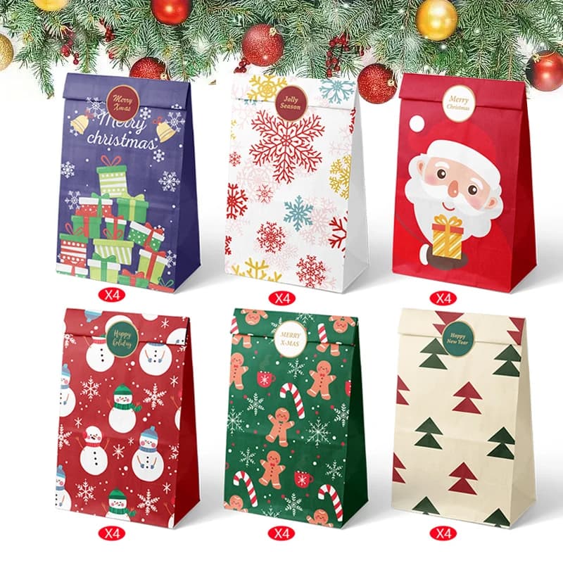 12/24pcs Christmas Gift Bags Candy Bags Merry Christmas Advent Calendar Numbers Stickers Kraft Paper Box Packaging Bags