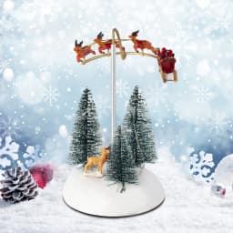 Animated Christmas Village Flying Sleigh with Rotating Santa Figurines Musical Light-Up Holiday Decorations Accessory