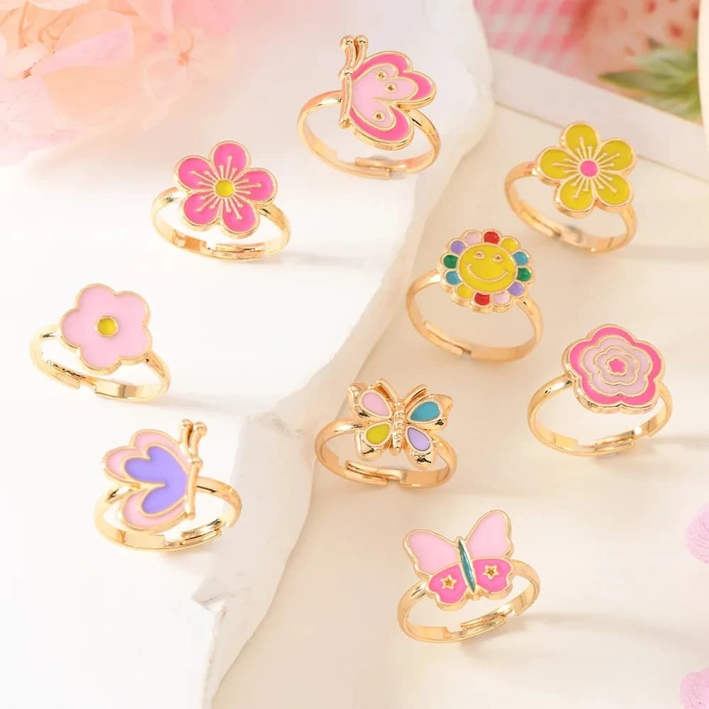 9Pcs Adjustable Rings for Girls Women Flower Butterfly Heart Alloy Ring Fashion Beauty Jewelry Christmas New Year Gift for Girl