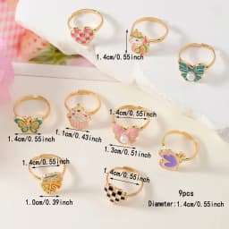 9Pcs Adjustable Rings for Girls Women Flower Butterfly Heart Alloy Ring Fashion Beauty Jewelry Christmas New Year Gift for Girl