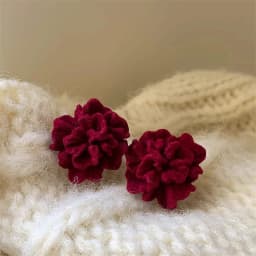 Temperament Winered Flocking Camellia Flower Stud Geometry Earring Jewelry Christmas Girl Friend Gift