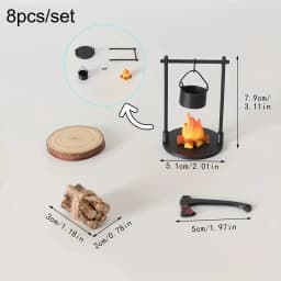 Mini Campfire and Teapot Miniature Statue Ornament Home Kitchen DIY Craft Accessories Desktop Photo Props Decor Christmas Gifts