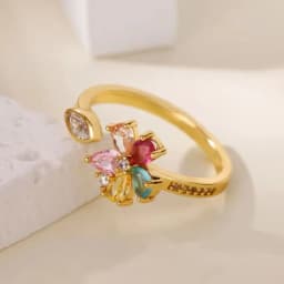 Colorful Rainbow Zircon Flower Rings For Women Gold Color Stainless Steel Flower Adjustable Ring Wedding Christmas Jewelry Gift