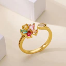 Colorful Rainbow Zircon Flower Rings For Women Gold Color Stainless Steel Flower Adjustable Ring Wedding Christmas Jewelry Gift