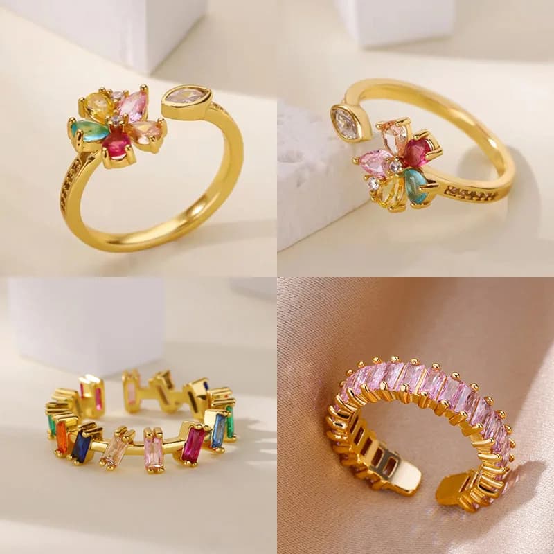 Colorful Rainbow Zircon Flower Rings For Women Gold Color Stainless Steel Flower Adjustable Ring Wedding Christmas Jewelry Gift