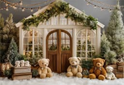White House With Christmas Tree and Little Bear Photography Backdrop Kids Baby Cake Smash Photocall Studio Backgrounds