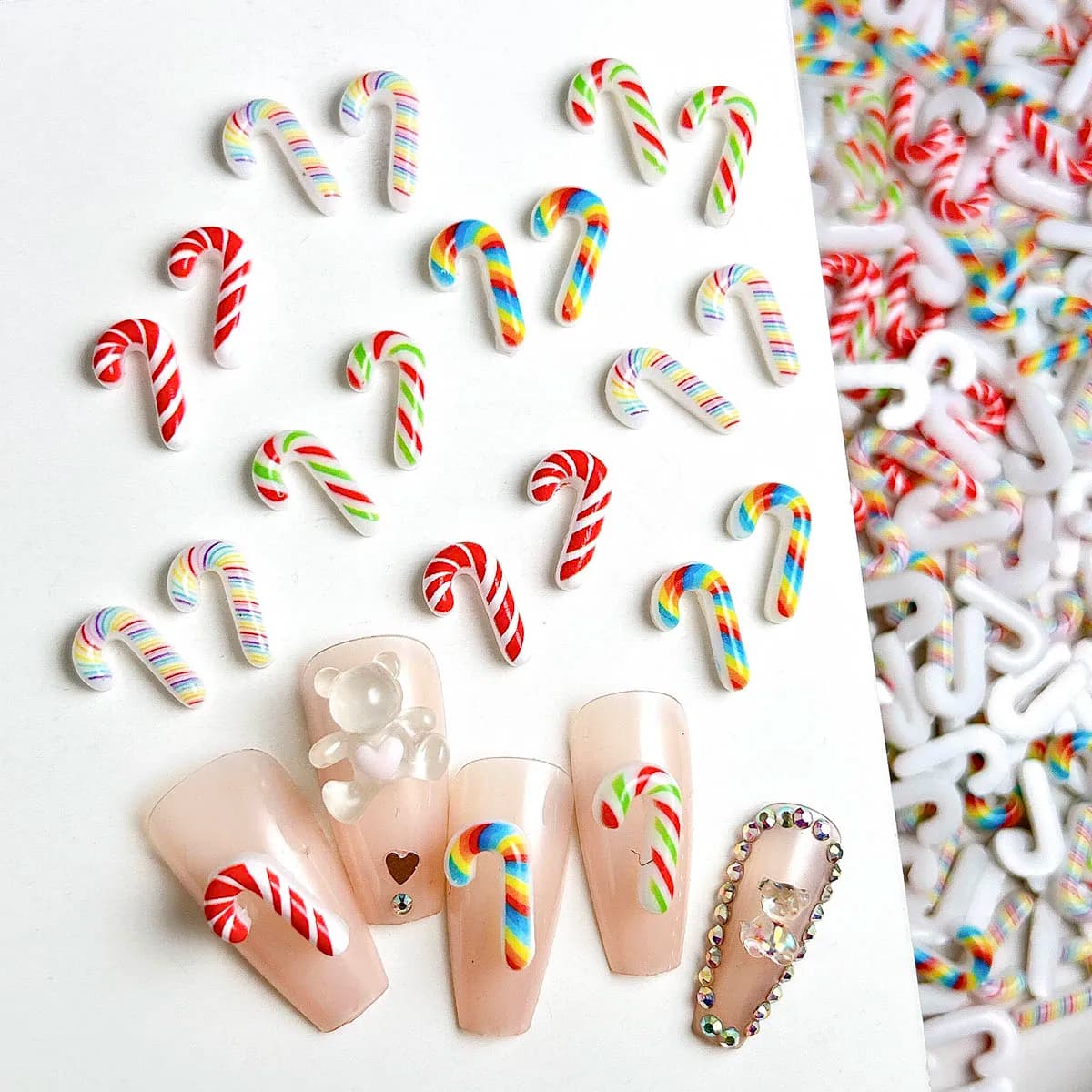 20PCS Luminous Creative Simulated Candy cane Resin Nail Charms Novel Colored Cane Nail Art Decorations DIY Christmas Series Nail