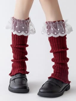New Design Bow Wine Red Leg Warmers Autumn/Winter Women Ballet Style Lace Trim Stacked Socks Christmas Knitted JK Slouch Socks