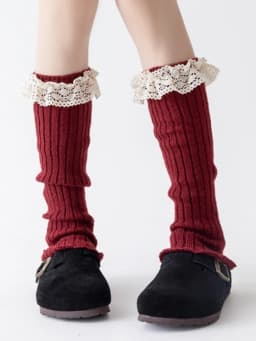 New Design Bow Wine Red Leg Warmers Autumn/Winter Women Ballet Style Lace Trim Stacked Socks Christmas Knitted JK Slouch Socks